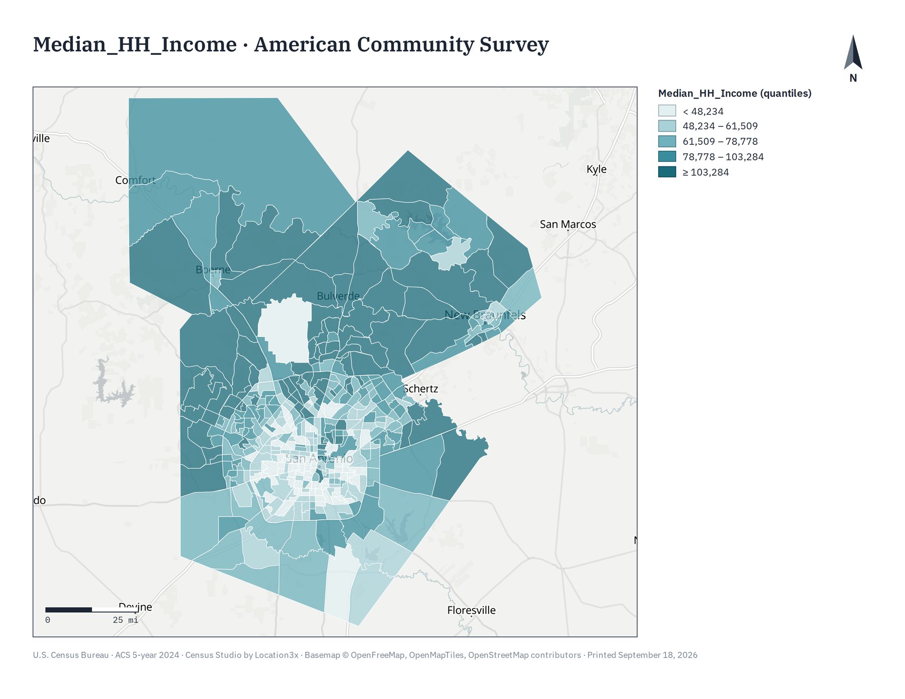 A printed Census Studio map of median household income by census tract around San Antonio, with legend, scale bar and north arrow